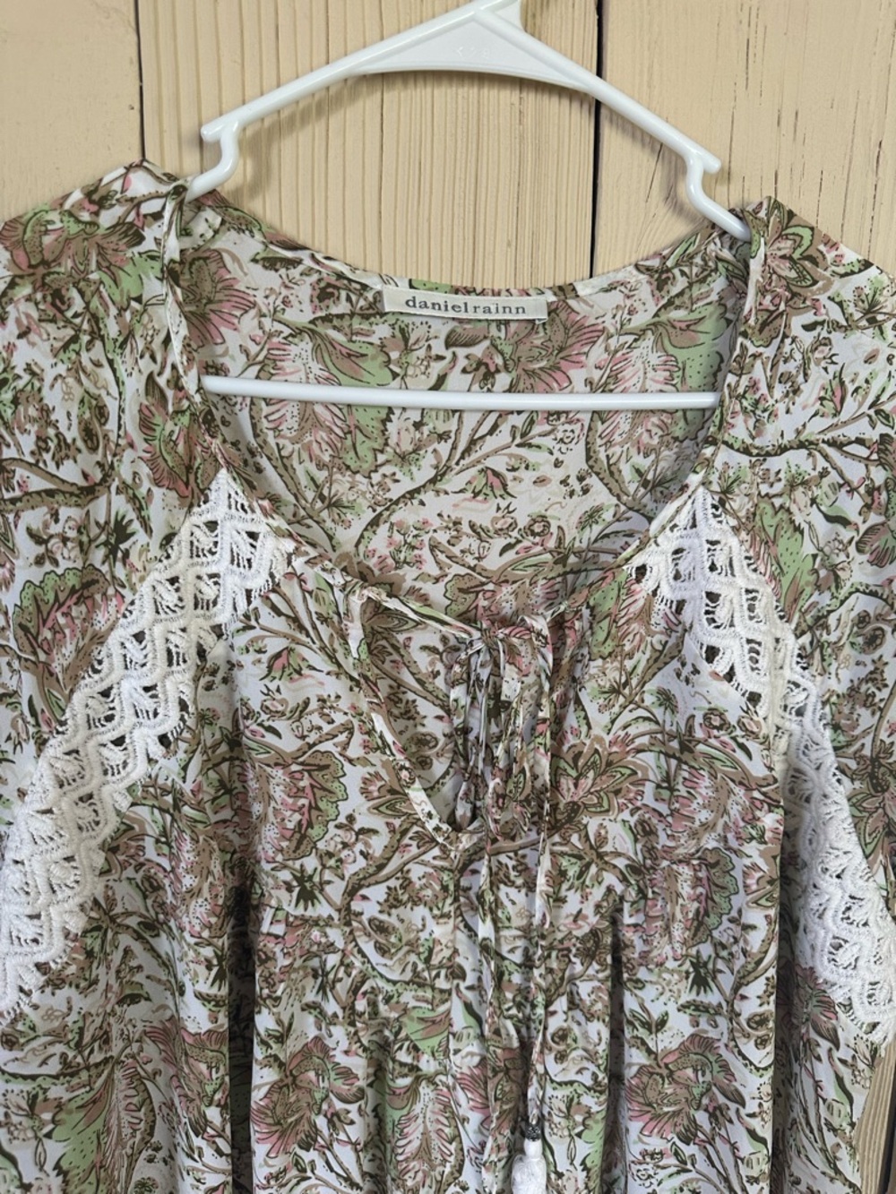 Daniel Rainn Floral Tie-Neck Peasant Blouse in Cream, Green and Pink - Picture 3 of 5